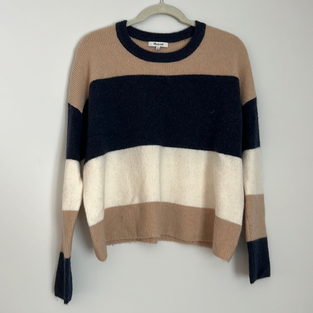 Madewell Navy Blue, Tan, and Cream Striped Sweater Size Small